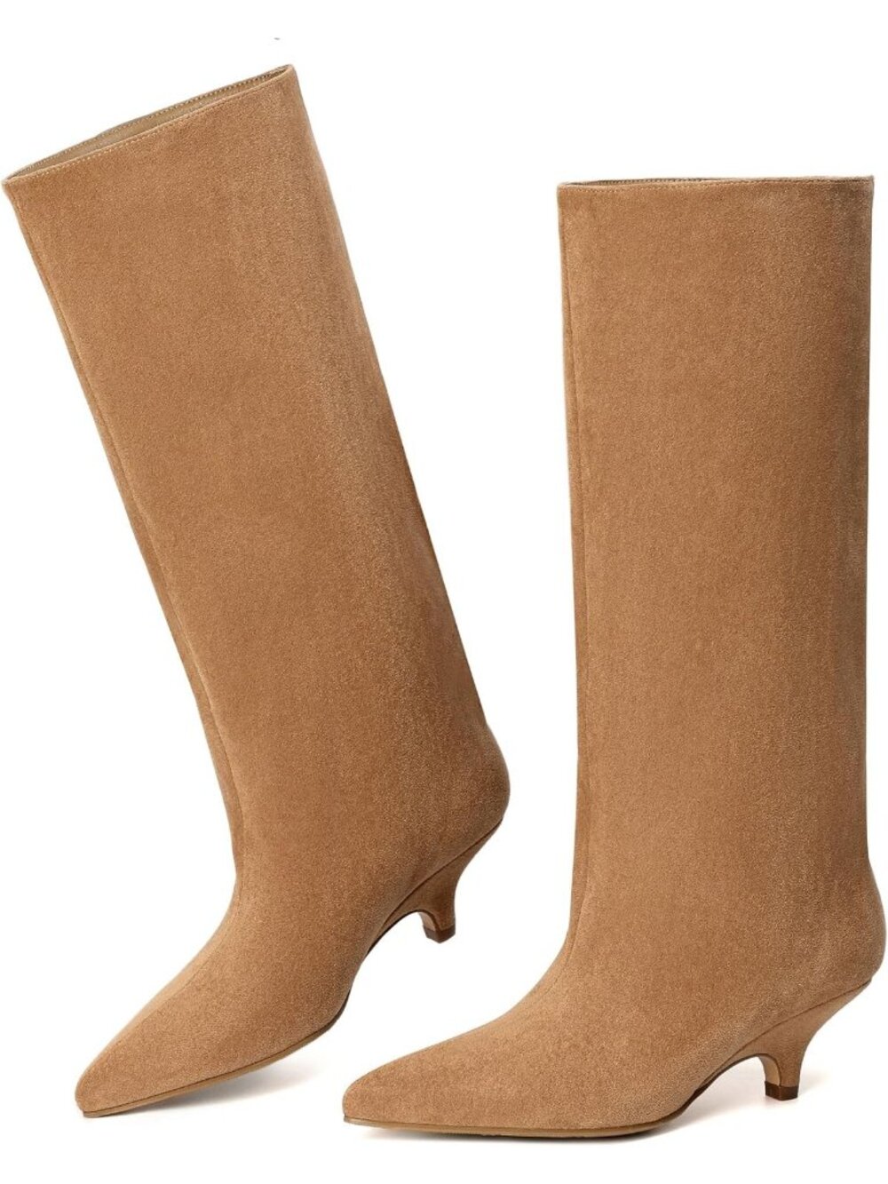 Women's Nude Suede Pointed-Toe Folded Wide Calf Low Kitten Knee-High Boot